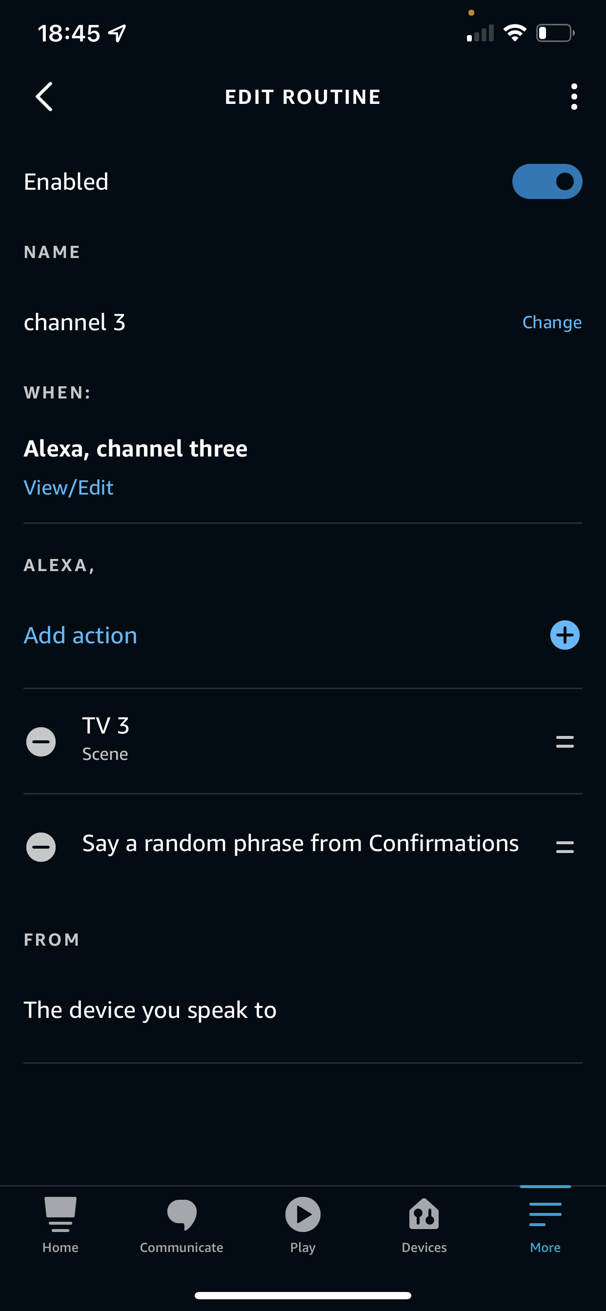 ตั้งชื่อที่ต้องการ เลือก Alexa Says และพิมพ์คำสั่งที่ต้องการพูด เช่น Channel 3 แล้วที่ Action เลือก Smart Home, Control Scence ตามด้วย คำสั่งที่เราตั้งไว้ใน App Smart เป็นอันเสร็จเรียบร้อย